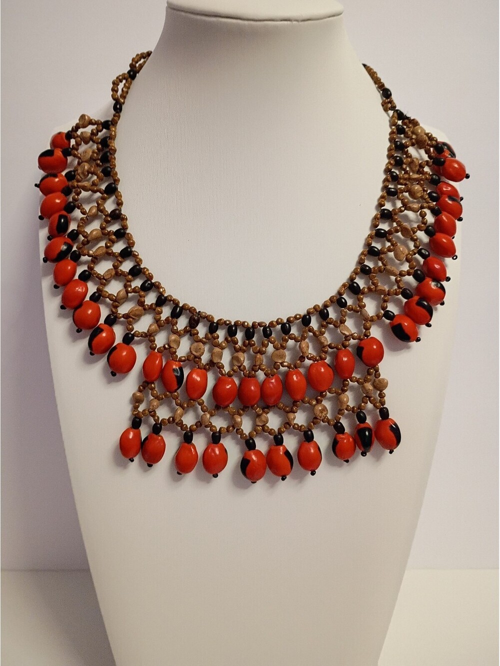 Vintage Tribal Inspired Fall Oranges and Browns Beaded Bib Statement Necklace
